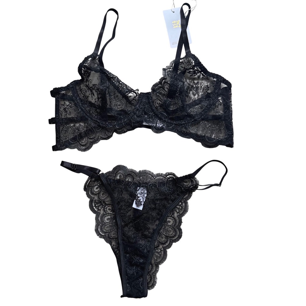 Black‎ Lace Lingerie Set Lg Sexy Cage Back Underwire Dark Romance  Boudoir Goth